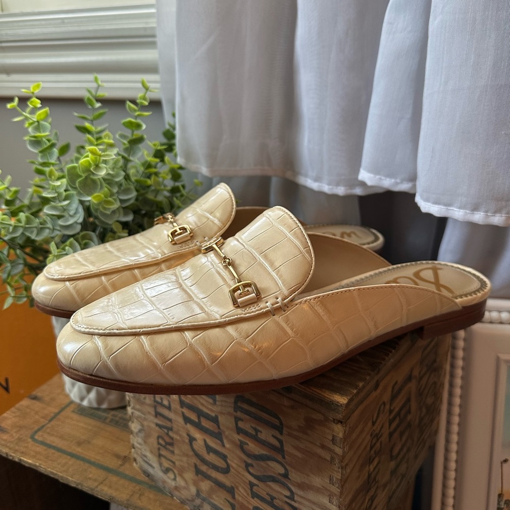 Sam Edelman Cream Croc-Embossed Leather Backless Mules with Gold Hardware